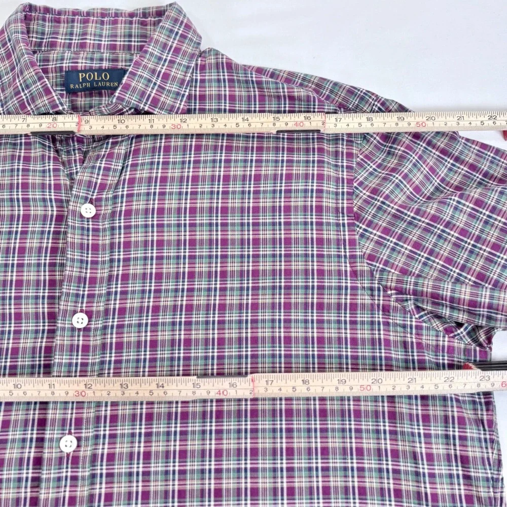Polo Ralph Lauren Button Down Shirt Purple Green Plaid Cotton‎ Mens Large